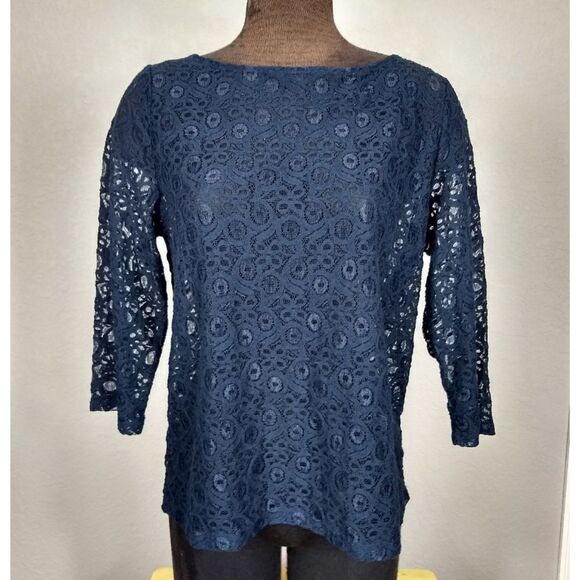 Ann Taylor Loft Factory Blue lace 3/4 sleeve top L - Picture 9 of 10